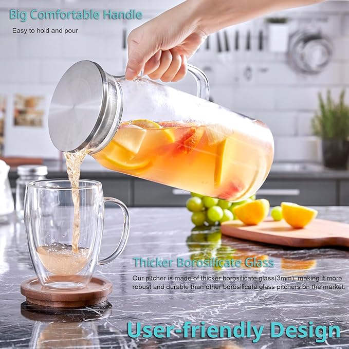 Bivvclaz 2 Pack 2 Liter 68 oz 2.1 Qt Glass Pitcher with Lid and Handle, Water Pitcher for Fridge, Glass Carafe for Hot/Cold Water, Large Iced Tea Pitcher for Coffee, Juice and Homemade Beverage