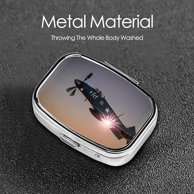 Square Pill Box 2 Compartment Medicine Pill Case World War Aircraft Airplane Pill Box for Purse Pocket Waterproof Metal Pill Container Portable Pill Holder Mini Pill Organizer for Travel or Daily