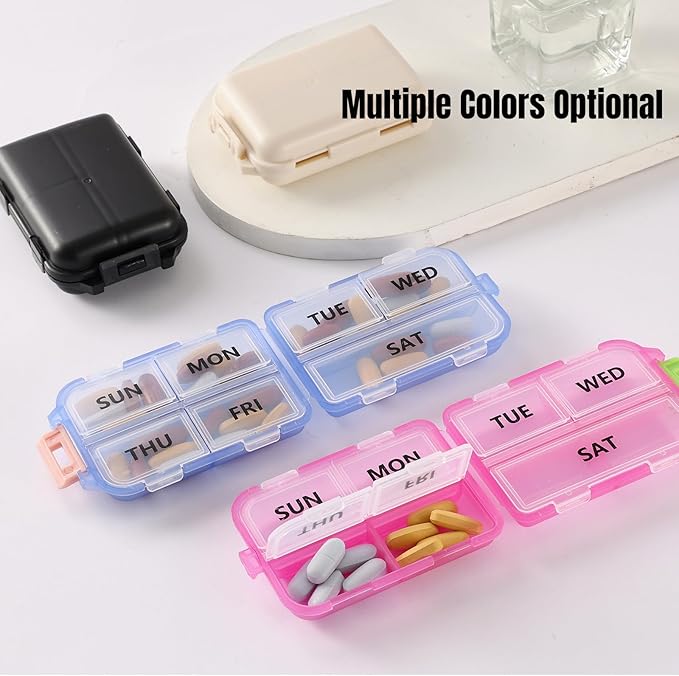 7 Day Compact Pill Organizer, Foldable Portable Travel Pill Box with Double Protection, Daily Small Pill Case Dispenser for Medication, Vitamins, Supplements (Clear Blue)