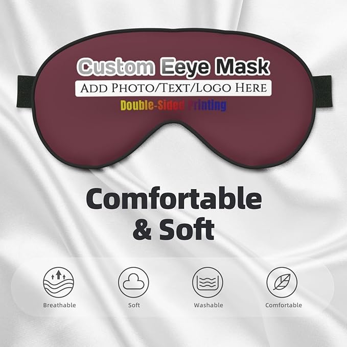 Custom Sleep Eye Mask Personalized Men Women Blindfold Design Your Own Photo Text Logo Adjustable Strap Soft Eyeshade Customized Blackout Eye Cover for Home Offices Travel Maroon