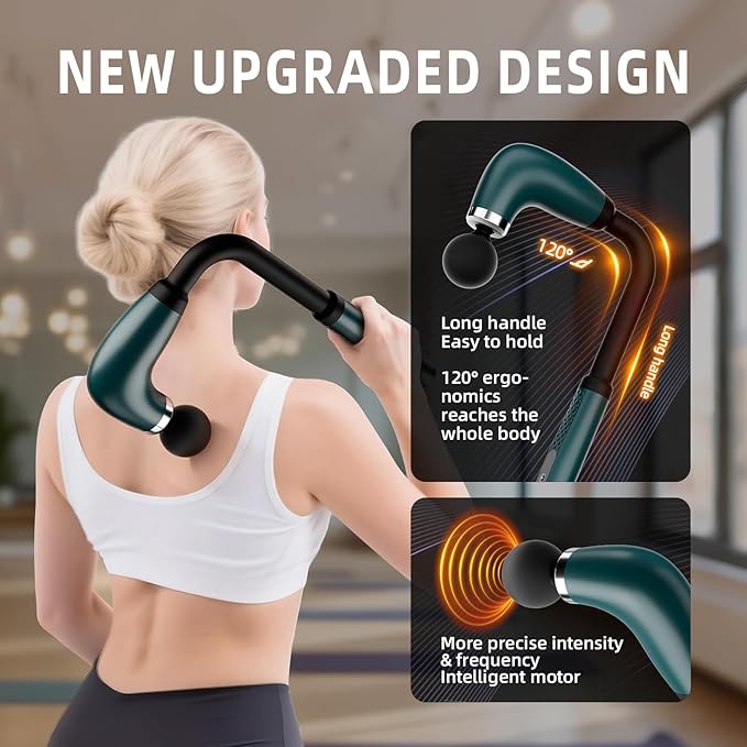 Massage Gun with Upgraded Extension Handle,Back Massage Gun Deep Tissue,Back Massager for Pain Relief for Muscles Neck Shoulders Waist Arm Legs Foot,4 Replaceable Heads & 9 Speeds (Green)