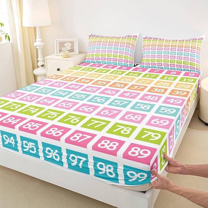 Feelyou Kids Numbers Fitted Sheet Twin Size, Educational Bed Sheet Set Boys Girls Learning Bedding Set Kindergarten Teens Bedroom Decor 2Pcs (No TOP Sheet)