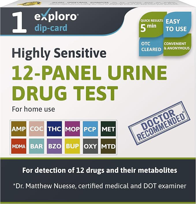 Exploro 12 Panel Urine Drug Test, Drug Test Kit for Multidrug Screen, Accurate 12 Panel Drug Test Urine for 12 Types of Drugs, Easy at Home Drug Tests, DOT Compliant, Peace of mind results (Pack of 1)