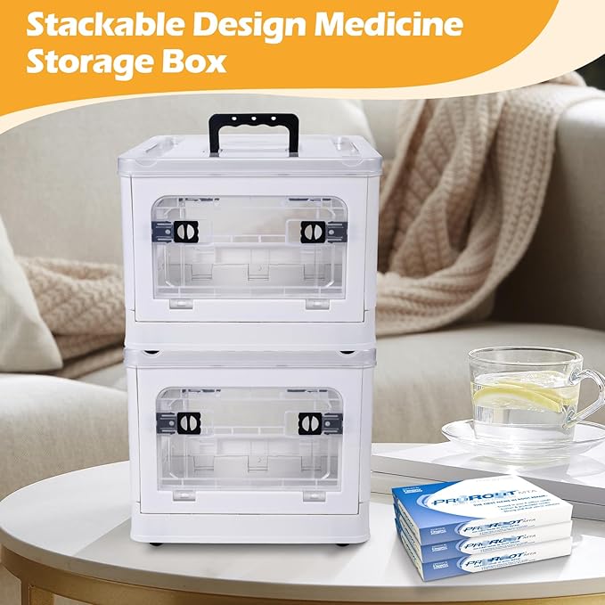 18QT Medicine Storage Box with Handles, Large Capacity First Aid Box, Clear Medical Supply Organizer with Removable Tray, Multipurpose Plastic Medicine Chest with Wheels
