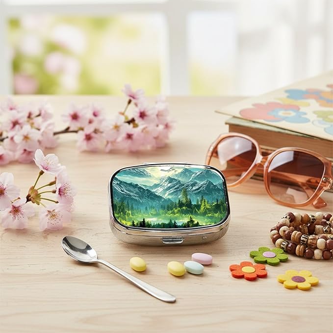 Square Pill Case Small Pill Box with Mirror Pocket 2 Compartment Vitamin Pill Medicine Case Organizer Pill Containers for Traveling Coniferous Forest Mountain Range