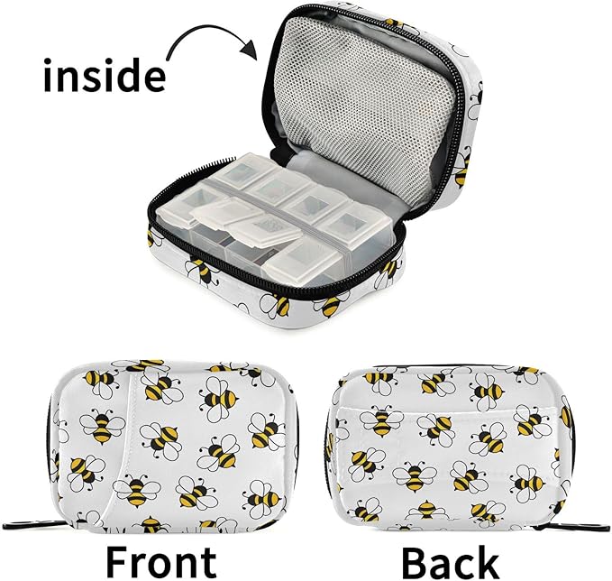 Cute Bees Pill Box 7 Day Pill Case Travel Pill Organizer Bag Container for Medicine with Zipper Portable Weekly Case Compact Size for Medicine, Vitamin, Supplement