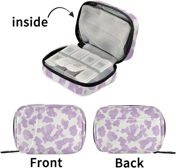Fustylead Watercolor Light Purple and White Cow Skin Pill Organizer Travel Bag, Small Portable Pill Case Cute for Vitamin Fish Oil Supplements Medicine Organizer with Zipper