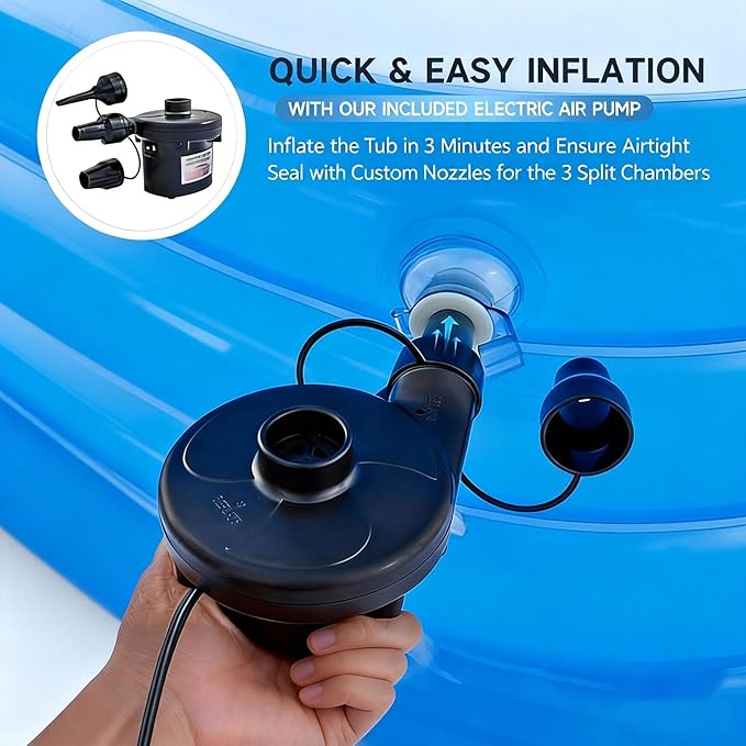 Double Inflatable Bathtub for Adults with Electric Air Pump, Portable 2-Person Spa Tub for Outdoor/Indoor Use, Includes Bath Pillow, Drain & Cup Holder, Foldable Storage, Blue