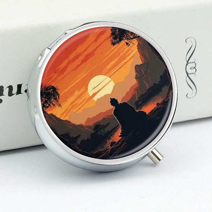 Buddha Silhouette Pill Box 3 Compartment Small Pill Case Portable Pill Box for Pocket Or Purse Round Metal Pill Box Cute Medicine Organizer Holder to Hold Vitamins Medication