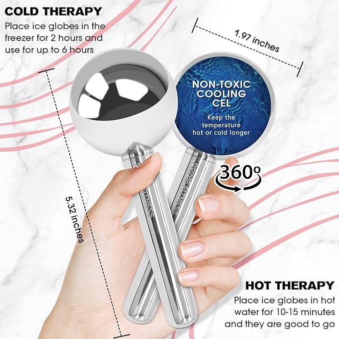 PRIME Fitness Ice Globes for Facials | Unbreakable Steel Cooling Roller | Cryo Sticks for Face | Massager for Face Neck & Eyes | Skin Care for Dark Circles, Puffiness, Wrinkles, (Silver)