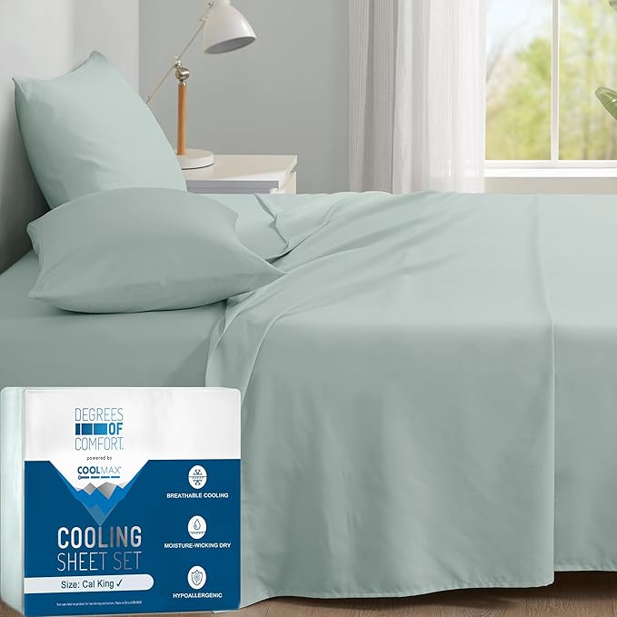 Degrees of Comfort Coolmax® Cooling Bed Sheets California King Size for Hot Sleepers, Moisture Wicking Sheet Set for Night Sweats, Deep Pocket, Ultra Soft, Cozy for All Seasons, Aqua 4 Pieces