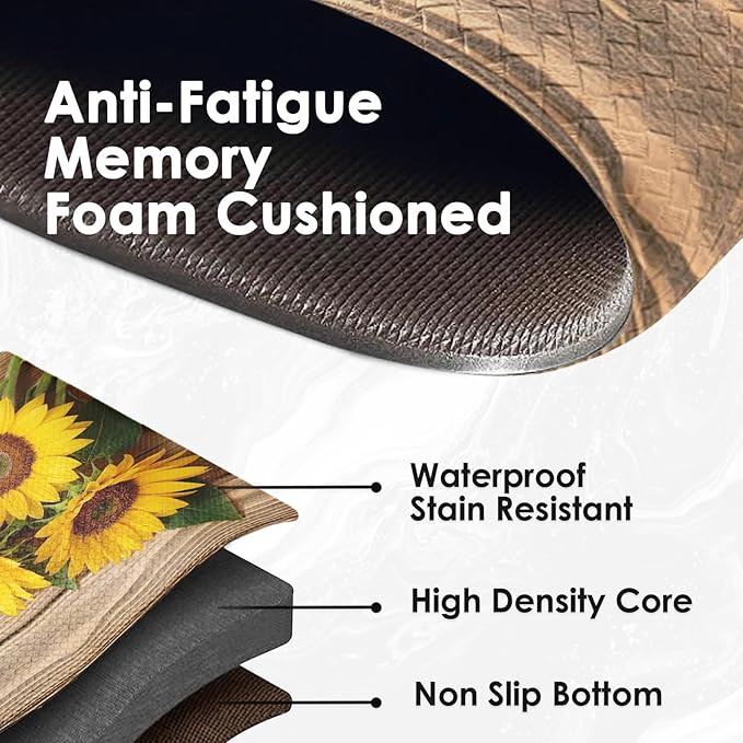 Anti-Fatigue Sunflower Kitchen Rug Set of 2 Cushioned Wooden Background Mat for Floor, Standing Waterproof Non-Slip Rug PVC Ergonomic Comfort Foam Kitchen Decor