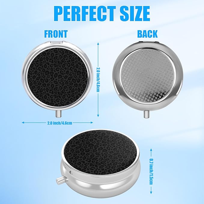 Black Leopard Pill Case, Pill Box 3 Compartments Metal Small Pill Holder with Mirror Mini Travel Pill Container for Purse Pocket Women Men