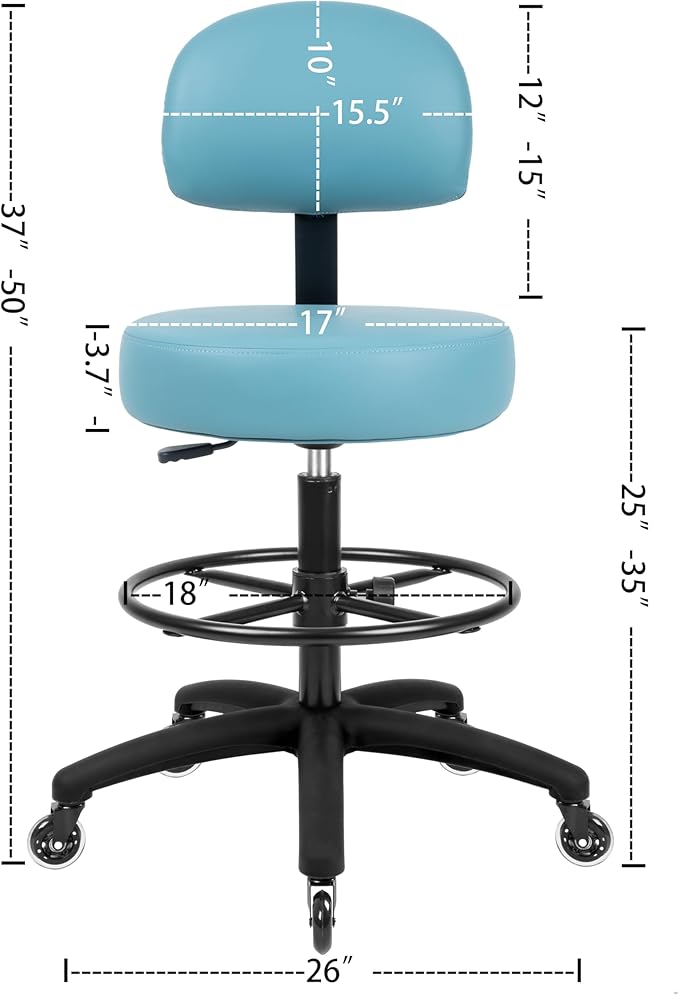 TAKE UR SEAT® Economical Multi-Purpose Medical Spa Drafting Stool with Adjustable seat and Back Height. Advanced Fabric seat Cover is Easy to Clean. Blade Wheels (Tall Bench Height Blue)