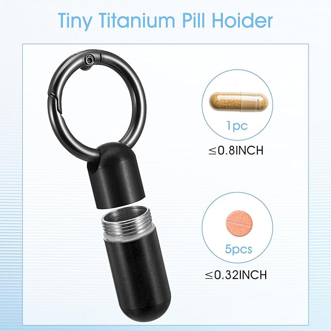 Small Pill Case Keychain Tiny Portable Pill Carabiner Clip Holder Bottle Micro Waterproof Metal Container Mini Emergency Medicine Organizer for Outdoor Camping Travel Purse Pocket(Black)