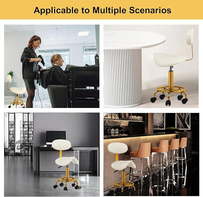 Saddle Stool with Back Support Ergonomic Saddle Chair with Wheels Hydraulic Stool Rolling Soft Cushion for Tattoo Salon Shop Spa Home White