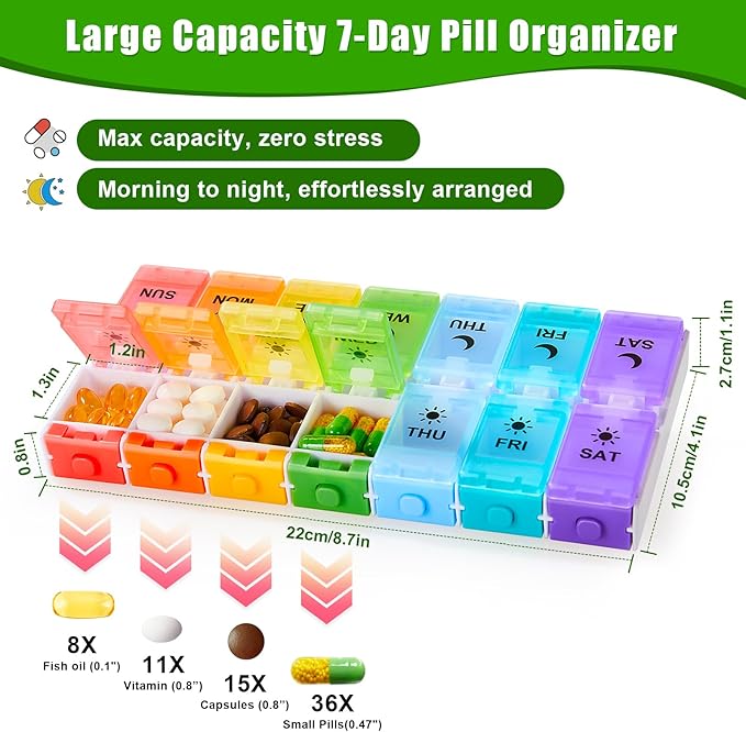 Weekly Pill Organizer 2 Times a Day, Large Pill Box 7 Day with Big AM/PM Compartments for Easy Filling, Push Button Pill Container Travel Pill Case Holder Dispenser for Supplement (Rainbow)