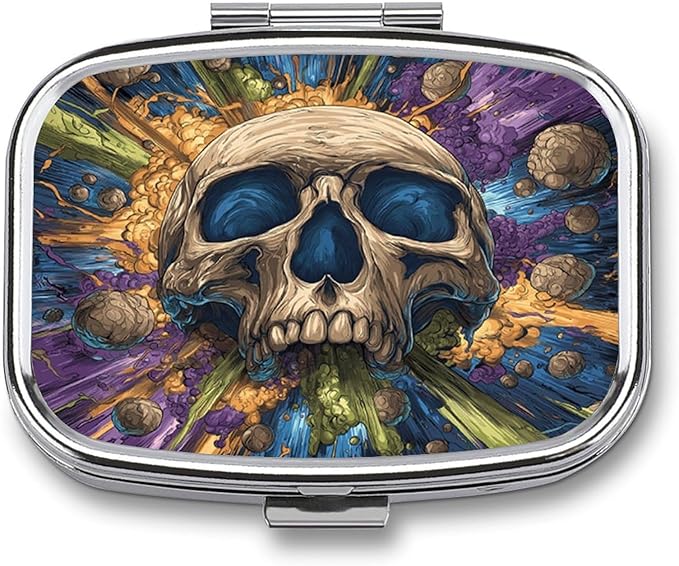 Metal Pill Organizer – 2-Compartment Pocket Pill Box for Vitamins, Supplements, Medications – Compact Travel Case (Explosion Skull Pop Art)