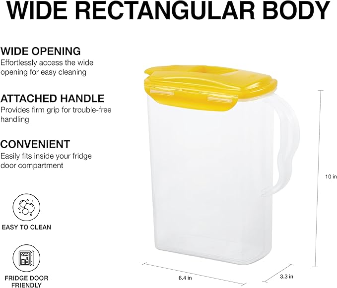 LocknLock HAP607Y Aqua Fridge Door Water Jug with Handle, BPA-Free Plastic Pitcher with Flip-Top Lid and Easy-Pour Spout for Water, Juice, Tea, and Other Drinks, 3-Quart, Yellow