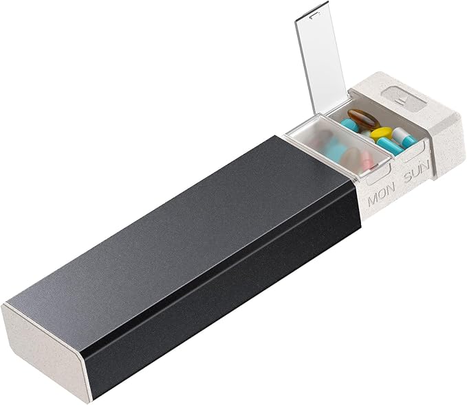 HEIYING Pill Organizer with Aluminum Shell for One Week Capacity, Portable 7 Compartments Pill Box Container to Hold Vitamin, Medicine, Supplements