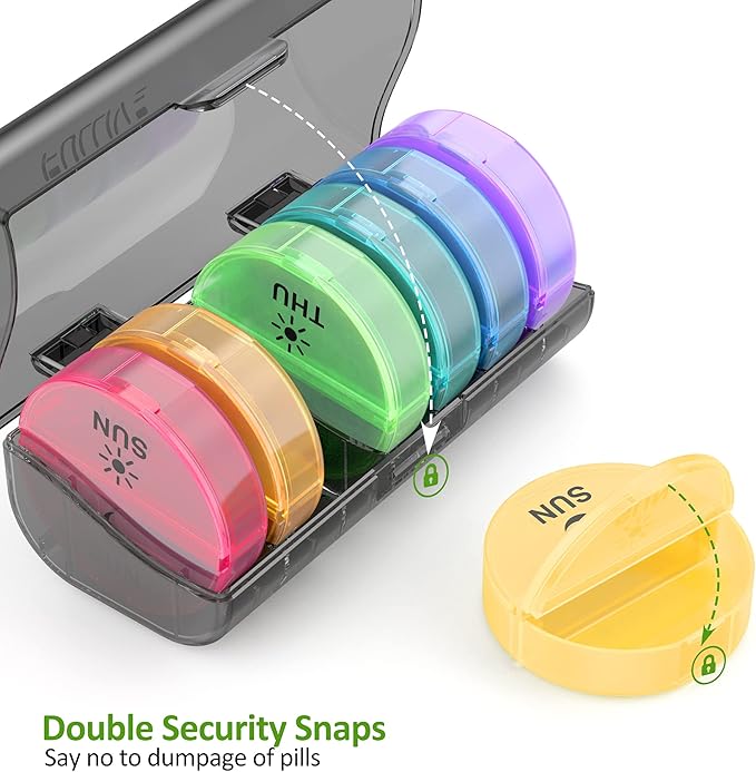 Daily Pill Organizer (Twice-a-Day) - Weekly AM/PM Pill Box, Round Medicine Organizer, 7 Day Pill Container, Vitamin Organizer for Vitamin Fish Oils Supplement