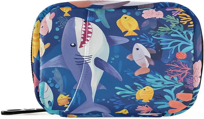 Underwater Blue Sharks Fishes and Corals Travel Pill Organizer Case Box Container Weekly Portable Vitamin Medicine Holder Storage Bag with Zipper Removable