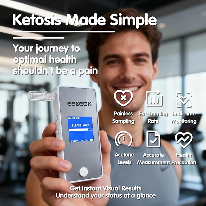 Ketone Meter, Professional Ketosis Breath Analyzer, Accurate Breath Keto Monitor with Type-C Charging and Data Tracking for Ketogenic Lifestyle and Health Management, Includes 10 Mouthpieces (Grey)
