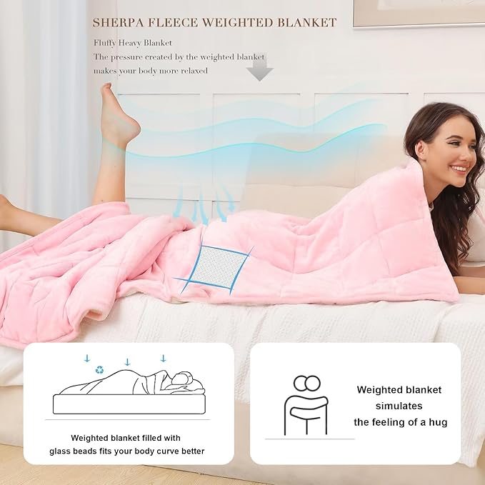 Alomidds Weighted Blanket Queen Size 20lbs 60 x 80 inches,Adult Weighted Blankets with Soft Plush Fleece,Fluffy Thick Warm Sherpa & Cozy Flannel Microfiber Heavy Blanket for Sofa Bed,Pink