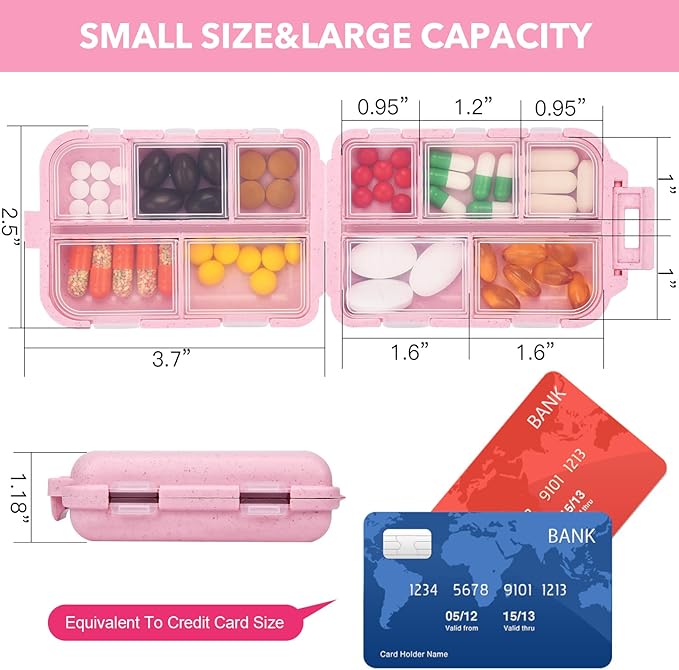 Travel Pill Organizer with Medicine Labels, 10 Compartments Travel Medicine Organizer Daily Small Pill Container Travel Pill Box Purse Pill Case (Pink, 189 Lables)