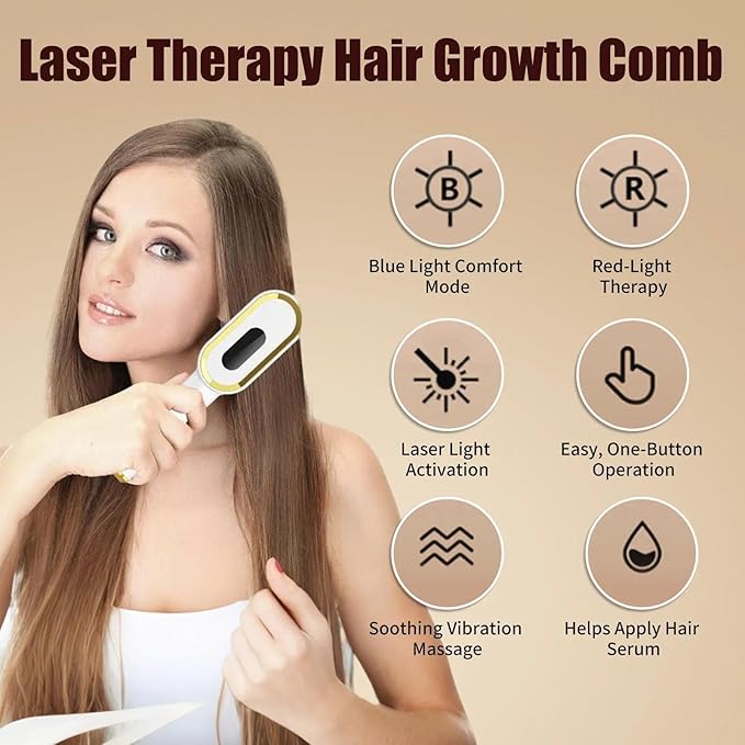 Laser Therapy Hair Growth Comb for Thinning Hair, Red Light Therapy Scalp Massager with Blue Light Comfort Mode & Vibration, Rechargeable Handheld Hair Growth Device for Men and Women