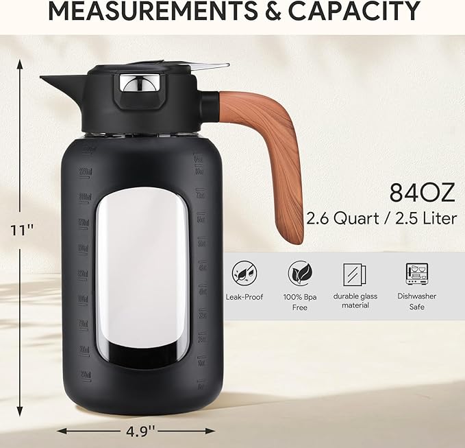84 oz/2.5 Liter Glass Pitcher with Lid and Handle, Glass Carafe/Jug for Hot/Cold Water, Large Iced Tea Pitcher for Coffee, Juice and Homemade Beverage