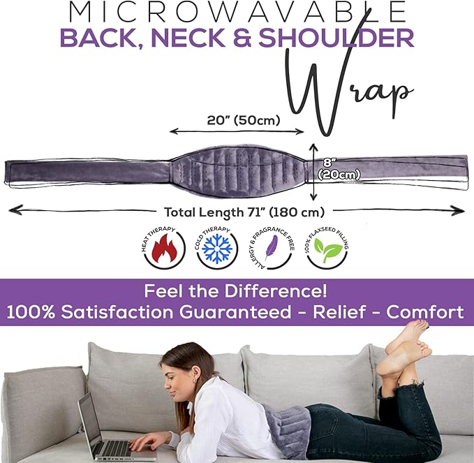 Microwavable Heating Pad for Back Pain Relief – Moist Heat Pack for Neck & Shoulders – Microwave Wheat Bag with Long Ties – Reusable Hot Cold Therapy Wrap for Cramps, Stress & Muscle Relaxation M 71”