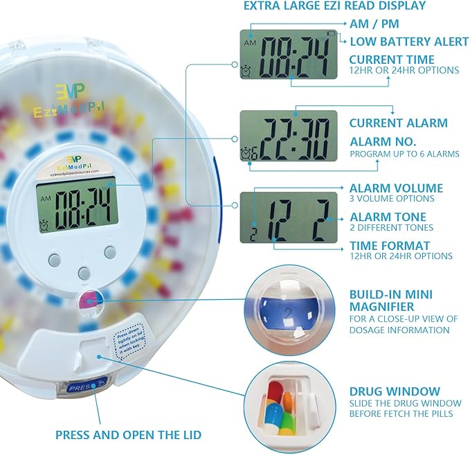 EziMedPil Bluetooth Pill Dispenser w/Sound & Light & App Alert, up to 9 Alarms/Day, Easy Setup on SmartLife, Frosted Lid & Locked 28-Day Medication Dispenser for Protecting Pills Privacy