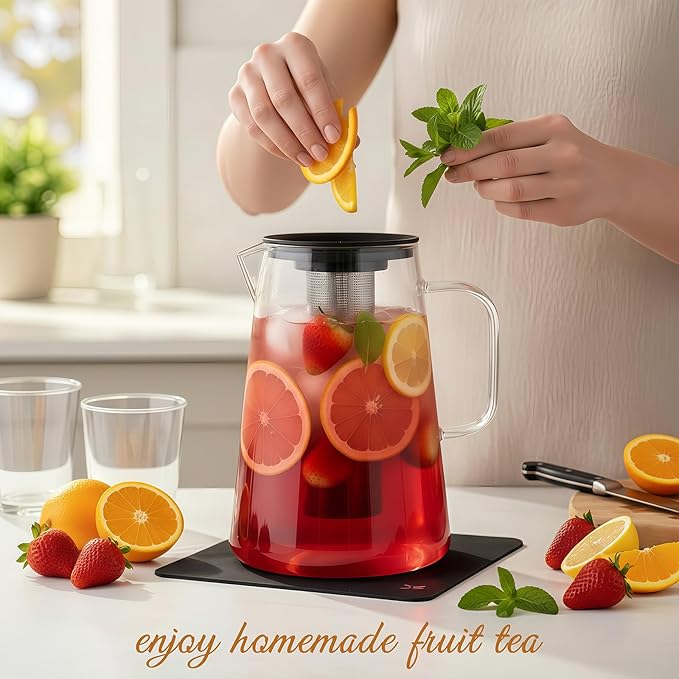 Glass Pitcher with Lid,3 Liter 101oz Glass Water Pitcher,Cold/Hot water jug, Iced Tea Pitcher, Large Jug for Coffee, Juice and Homemade Beverage