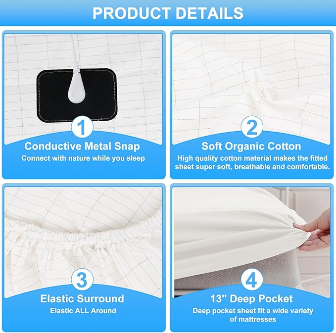 Grounding Sheets for Earthing Full Size, Fitted Earthing Sheets Grounding Fitted Sheet for Improving Sleep, Better Working and Help with Anxiety, Organic Cotton & Silver Fiber, White