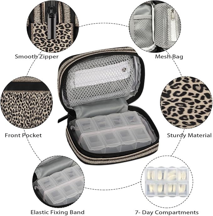 Leopard Print Cheetah Pill Case Everyday Travel, 7 Day Weekly Medicine Pill Box Compact Portable Pills Bottle Organizer with Zipper for Daily Vitamin Medicine Holder Bottle Organizers Bag