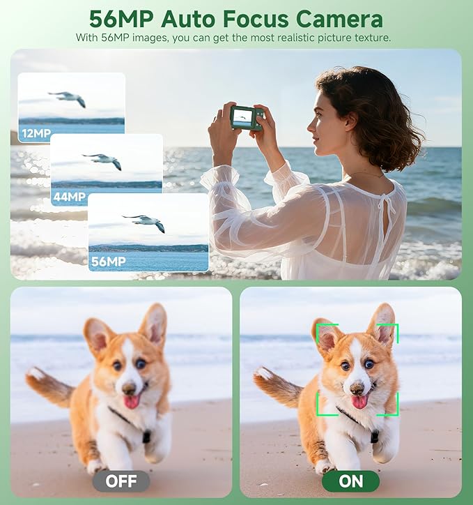 Digital Camera, 56MP Dual Screen Autofocus Vlogging Camera, 16X Zoom Point and Shoot Camera for Photography, Anti-Shake, 32GB Card, Compact Camera for Teens Adults,Green