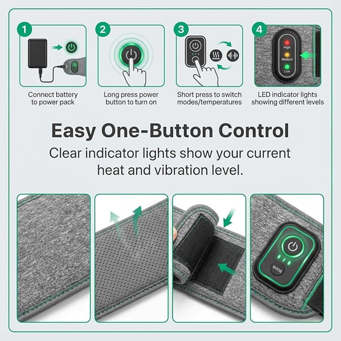 Wireless Heating Waist Belt with 8000mAh Battery, 3 Vibration Modes & 3 Heat Levels, Cordless Back Massager with Extension Strap for Lower Back, Cramps, Lumbar Support, Office & Travel Use