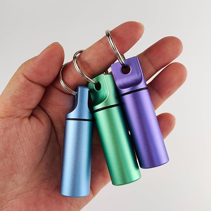 Small Pill Organizer Box Waterproof Keychain Pill Holder Portable Travel Pill Container Metal Case with Keyring for Outdoor Camping Travel