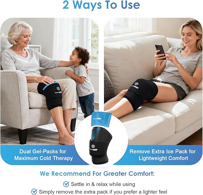 ComfiTECH Dual-Gel Pack Knee Ice Sleeve with Extended 30-Minute Cooling, Detachable Ice Pack & Flexible Reusable Gel Ice Wrap for Soothing Discomfort & Fatigue in Knee, Thigh and Calf, X-Large