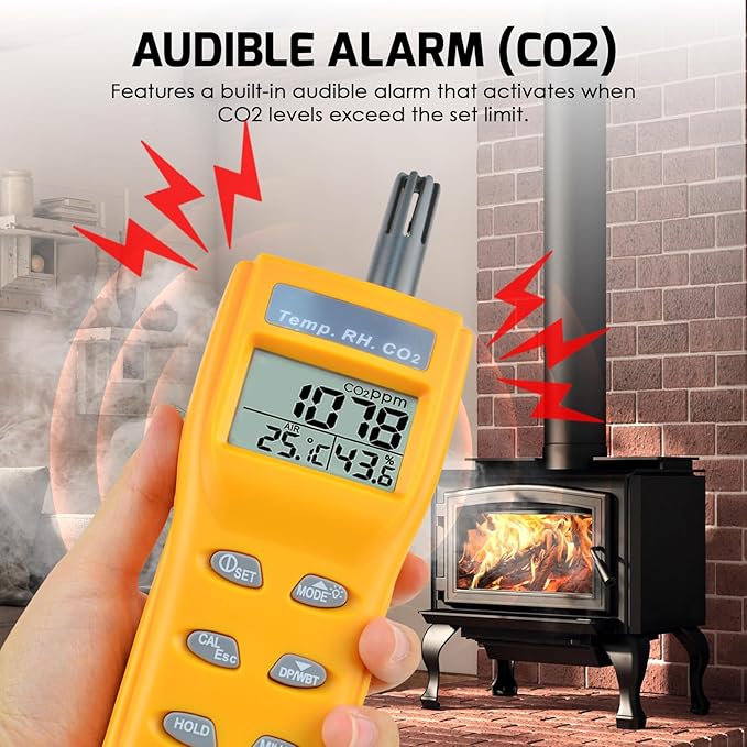 CO2 Meter Portable CO2 Detector Digital CO2 Monitor with Alarm Function Carbon Dioxide Temperature and Humidity Meter, NDIR CO2 Sensor Indoor Air Quality Monitor for Home Office Grow Room