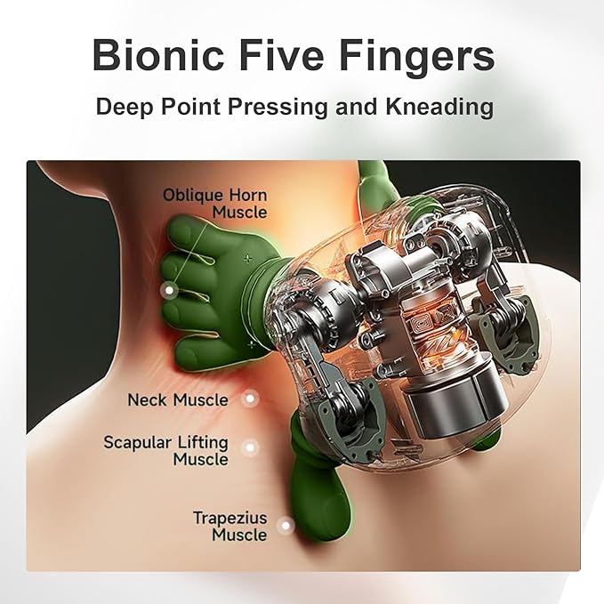 Bionic Heated Massager, Wireless Portable Shiatsu Neck and Back Massager, Electric Deep Tissue 4D Kneading Massage, Simulated Human Hand Design for Pain Relief and Muscle Relax (Green)