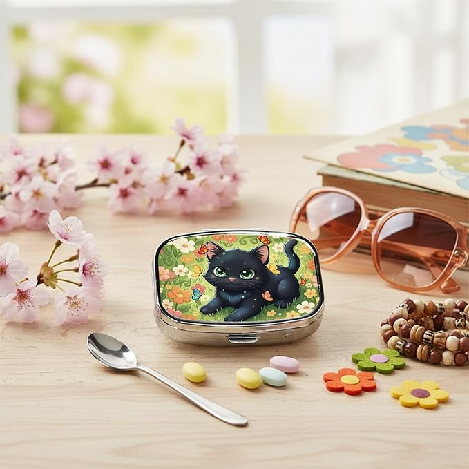 Square Pill Case Small Pill Box with Mirror Pocket 2 Compartment Vitamin Pill Medicine Case Organizer Pill Containers for Traveling Garden Cute Black Cat