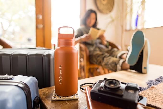 LifeStraw Go Series – Insulated Stainless Steel Water Filter Bottle for Travel and Everyday Use, Removes Bacteria, Parasites and Microplastics, Improves Taste, 1L Thistle Purple