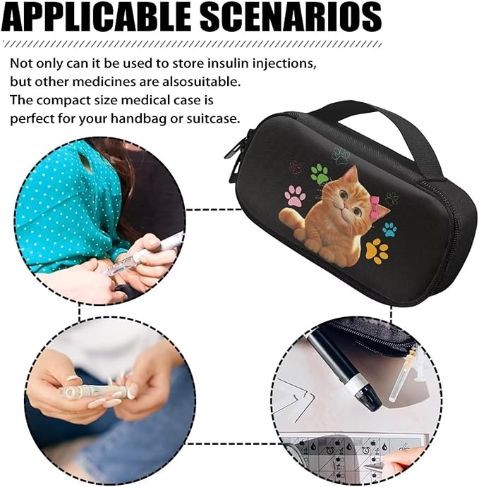 Cartoon Cat Diabetic Supplies Carrying Bag for Glucose Meter Insulin Pens Blood Sugar Test Strips Lancets Syringe Medication or Other Diabetes Care Accessories