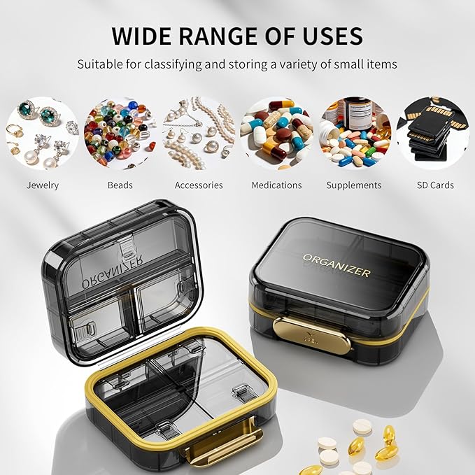 Travel Pill Organizer, Waterproof Weekly Pill Box 7 Day, Portable Container for Purse Pocket, Removable Compartments Daily Supplements Case, Airtight Storage for Outdoor (Black)