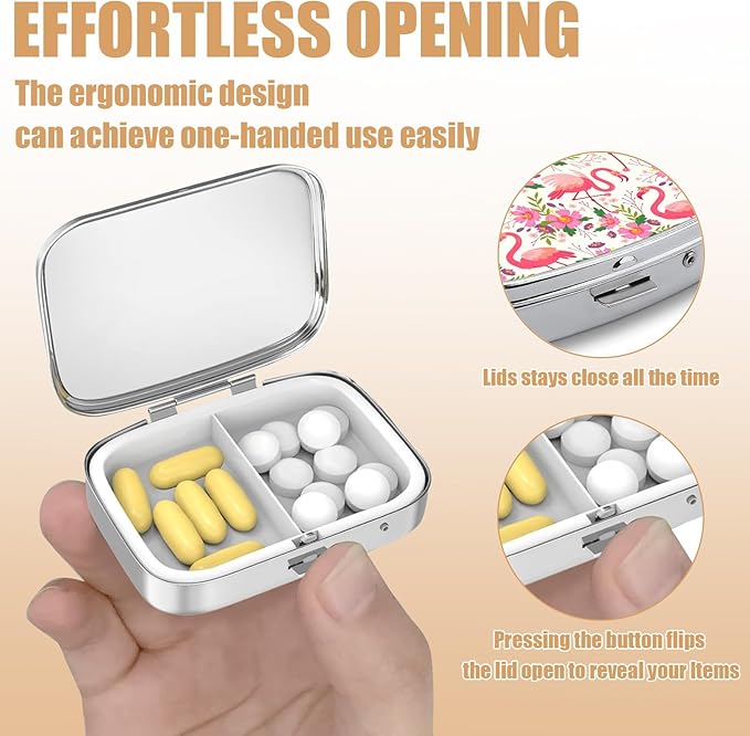 Pill Box-2 Compartment Small Pill Case Square Organizer Case with Mirror Portable Metal Medicine Box Travel Container for Pocket & Purse Women Men（Pink Flamingo Floral）