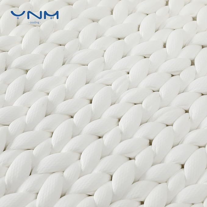YnM Cooling Weighted Blanket, Handmade Chunky Yarn Knitted Design, Temperature Regulating and Breathable, Machine Washable Throw for Sleep or Home Decor (White, 50x60 Inch, 10lbs)