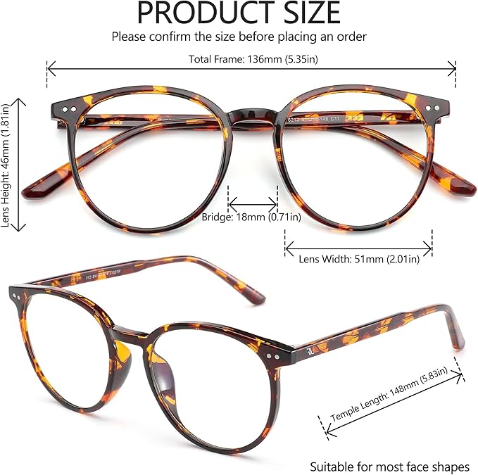 Blue Light Blocking Glasses for Women and Men, Round Frame Computer Gaming Anti Eyestrain & UV Glare RF6213 (Coco Tortoise)