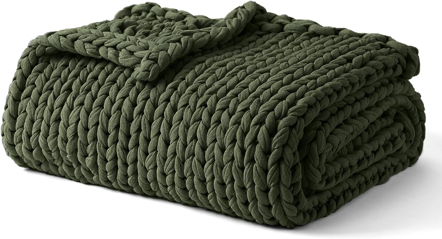 YnM Cooling Weighted Blanket, 100% Cotton Handmade Chunky Knitted Blanket, Weighted Lap, Breathable Heavy Blankets, Machine Washable Throw for Sleep or Home Decor (Pine Green, 25x35 Inch, 3lbs)